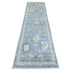 2'9"x9'9" Blue Anatolian Village Design Leaf Design Hand Knotted Wool Runner Rug