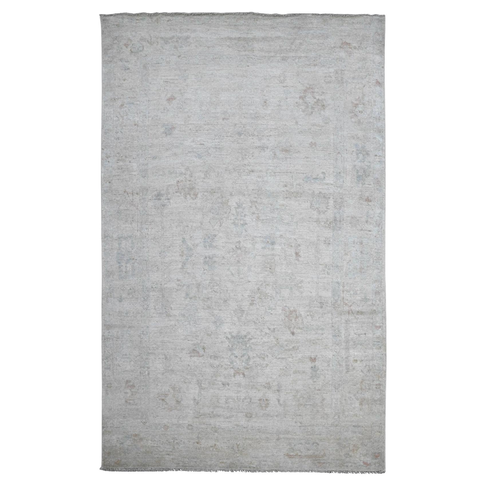 6'x9'8" Weißer handgeknüpfter afghanischer Angora-Oushak-Blatt-Design-Teppich aus reiner Wolle