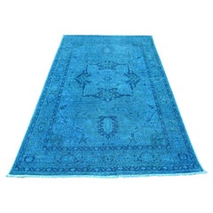 5'3"x7'7" Blue Overdyed Peshawar Heriz Design Hand Knotted All Wool Oriental Rug