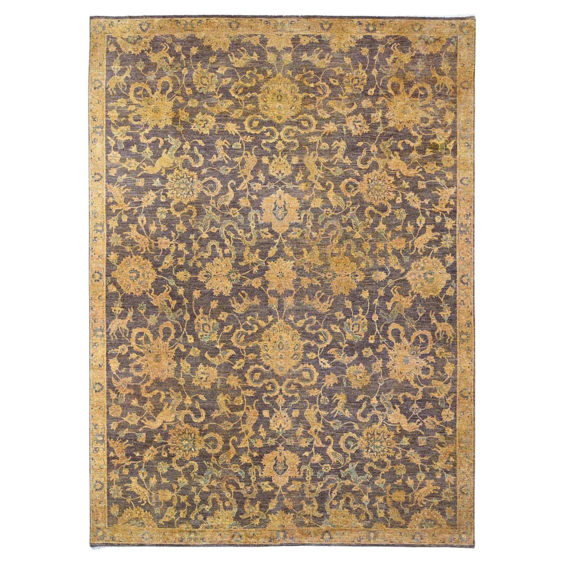 8'6 "x11'10" Marrone Peshawar Ziegler Mahal Design/One Annodato a mano Tutta Lana