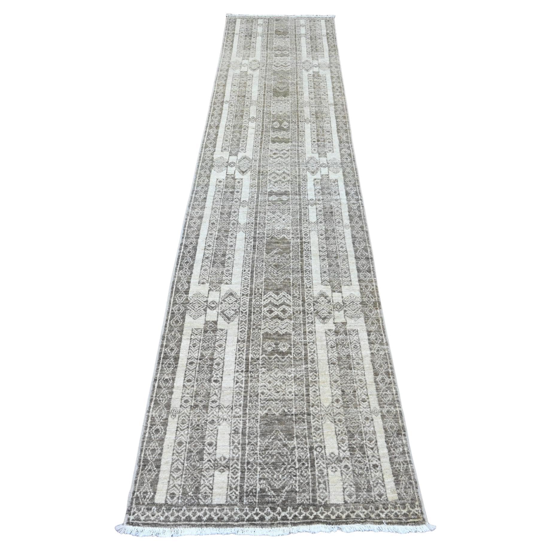 2'5 "x11'6" Braun Berber Einfluss Geometrisches Muster Hand geknüpft Wolle Läufer Teppich