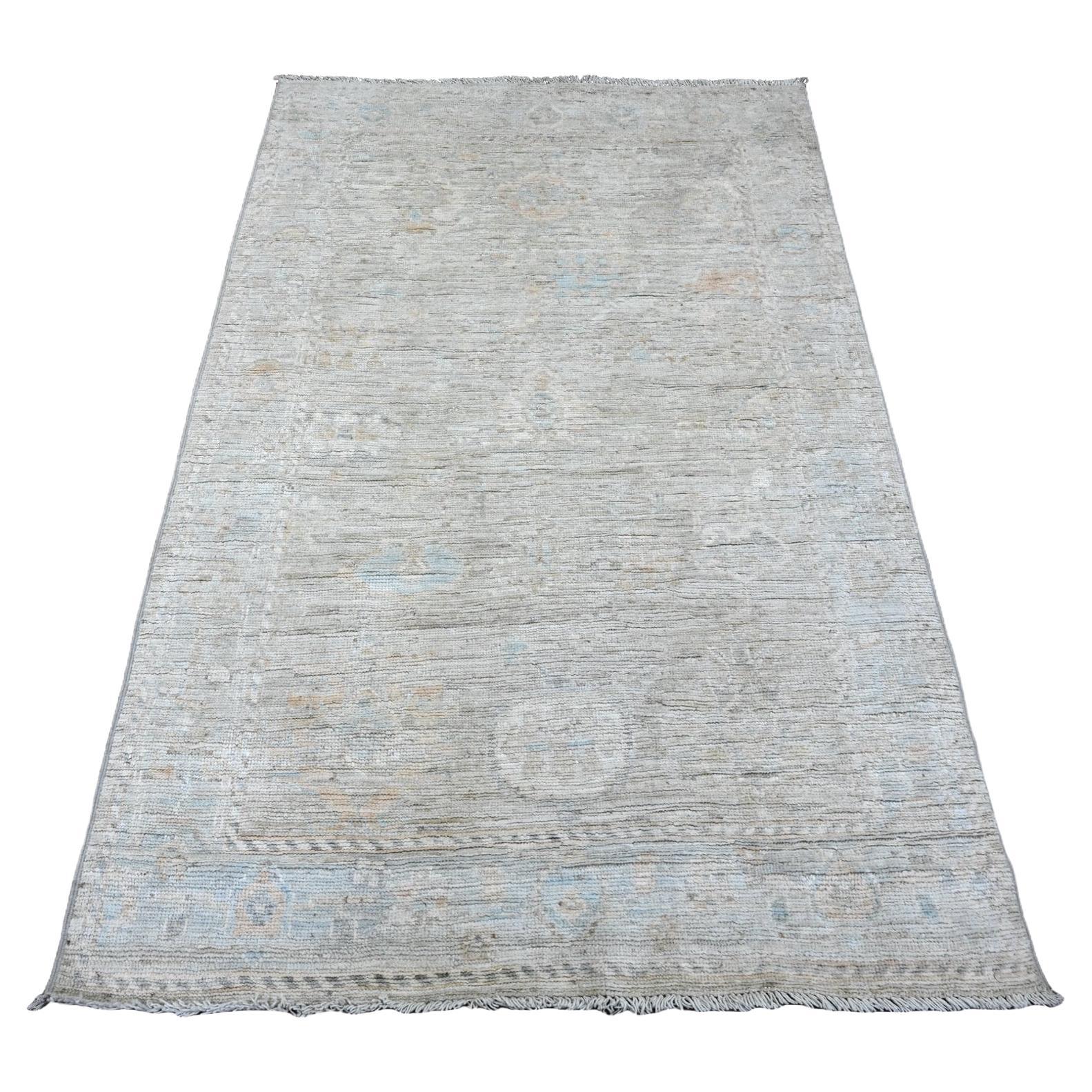 Tappeto Afghano Angora Oushak Leaf Pattern 4'x6' grigio annodato a mano in pura lana