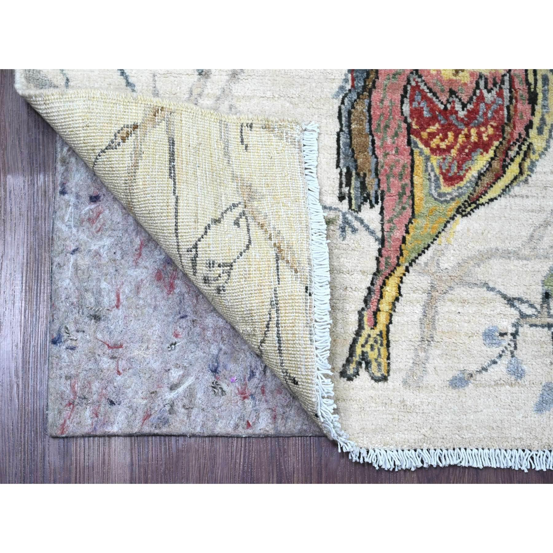 Chiffon White, Sparrows on the Tree, Peshawar, 100% Soft Wool, Lush and Plush, Hand Knotted, Oriental Rug
Primary materials: Wool
Latex: No Pile 
height: 0.25 Inches
Style: Contemporary
Primary color: Ivory
Secondary colors: Yellow, Pink, Red,