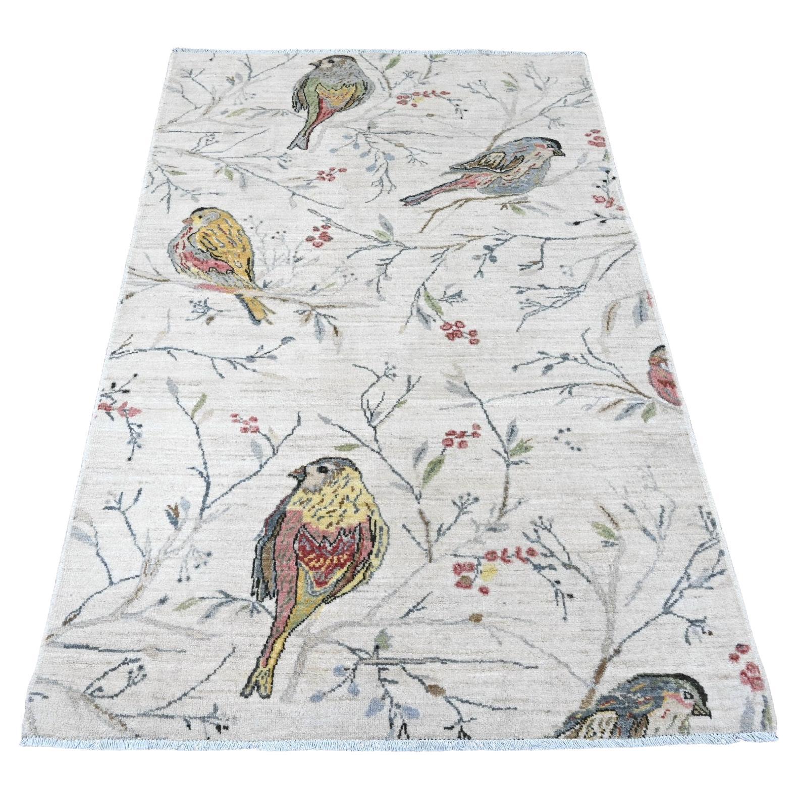 4'x6' Chiffon White Sparrows on the Tree Peshawar Soft Wool Hand Knotted Rug For Sale