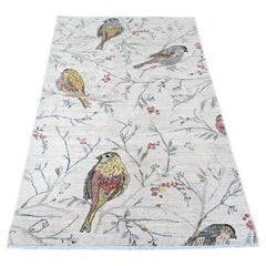 4'x6' Chiffon White Sparrows on the Tree Peshawar Soft Wool Hand Knotted Rug