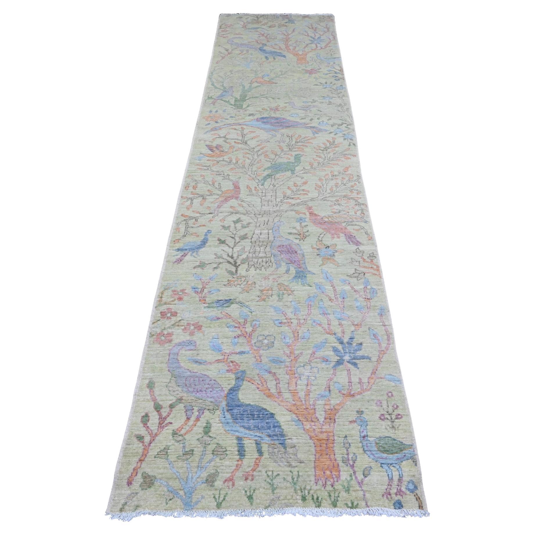 2'9 "x11'8" Tapis de course en laine verte nouée à la main Peshawar Birds of Paradise Design