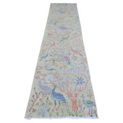 2'9"x11'8" Green Hand Knotted Peshawar Birds of Paradise Design Wool Runner Rug