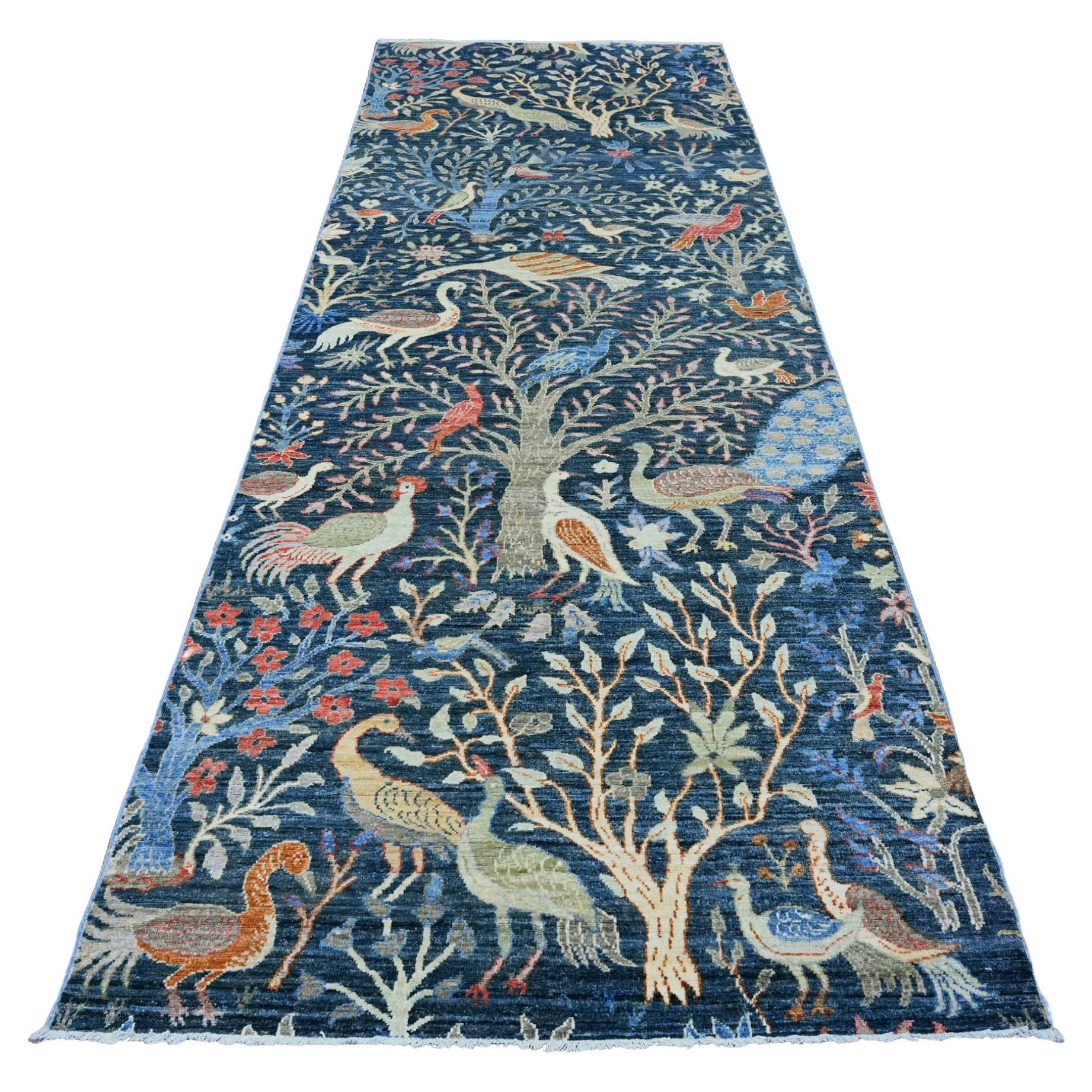 4'2 "x11'8" Tapis de course en laine nouée à la main Blue Peshawar Birds of Paradise Design