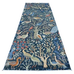 4'2 "x11'8" Tapis de course en laine nouée à la main Blue Peshawar Birds of Paradise Design