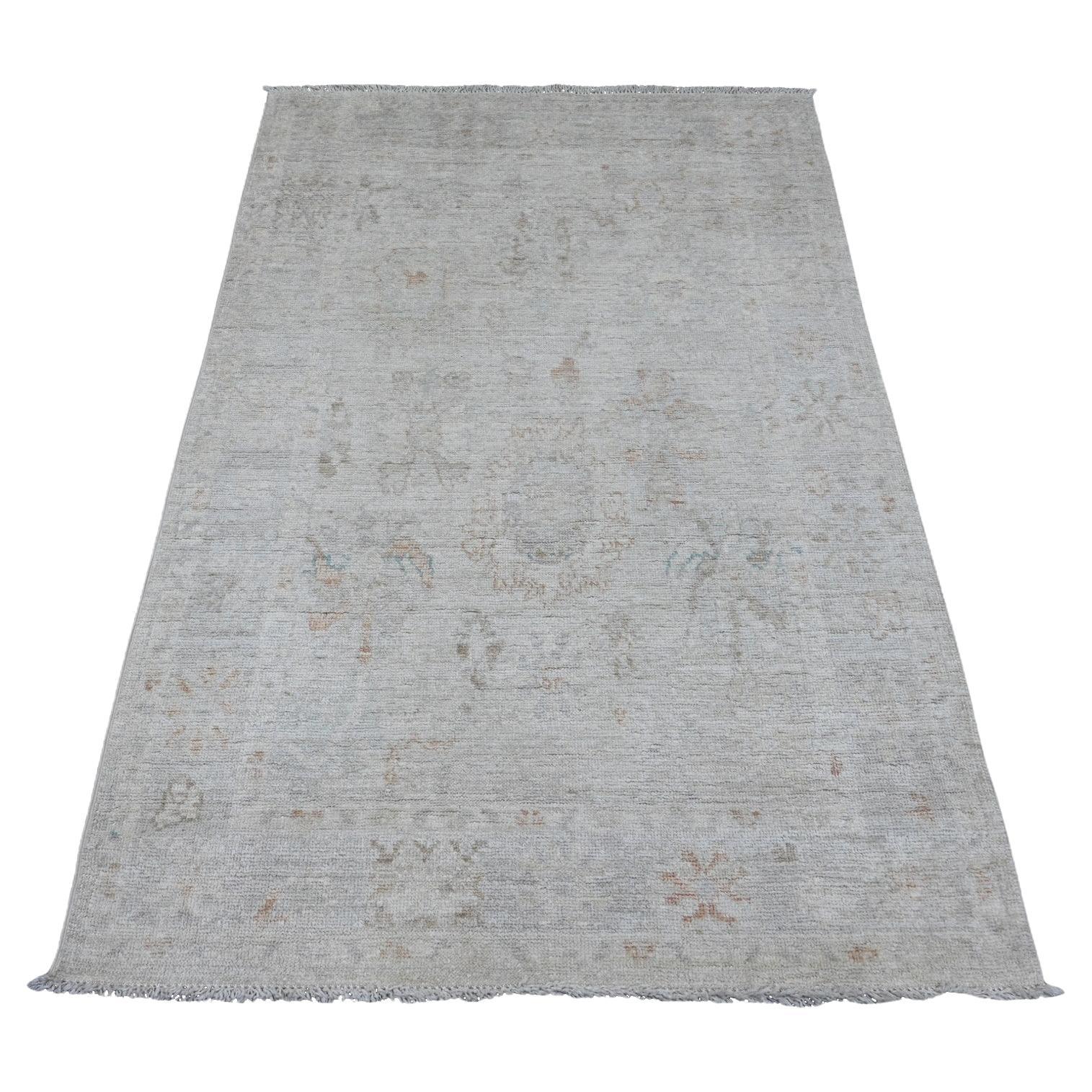Tappeto Afghano Angora Oushak Leaf Design/One 4'x6' grigio annodato a mano in pura lana