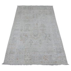 4'x6' Gray Afghan Angora Oushak Leaf Design Hand Knotted Pure Wool Rug