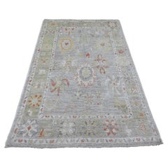 4'9"x7'1" Gray Hand Knotted Afghan Angora Oushak Leaf Design Wool Oriental Rug