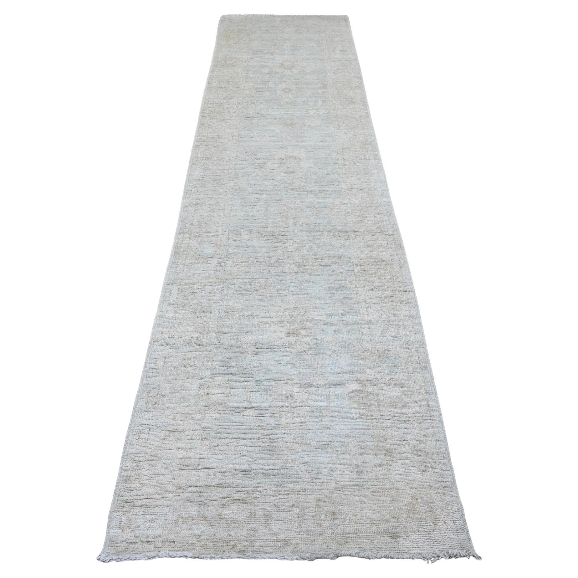 Runner in lana annodato a mano 2'10 "x11'10" grigio Afghan Angora Oushak Leaf Design