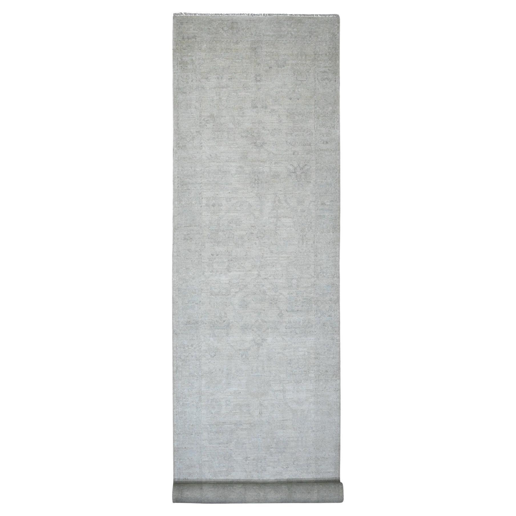 4'1 "x19'8" Weiß Afghan Angora Oushak Leaf Design Hand geknüpft Wolle Läufer Teppich