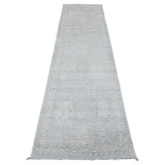2'8"x9'8" Gray Hand Knotted Afghan Angora Oushak Leaf Design All Wool Runner Rug