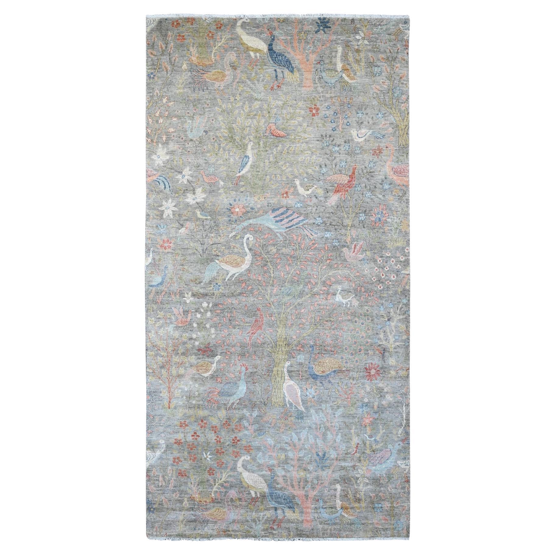 6'x12' Spanish Gray Afghan Peshawar Birds Design Handgeknüpft Wolle Läufer Teppich