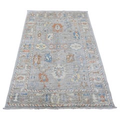 4'2"x6' Gray Afghan Angora Oushak Leaf Pattern Hand Knotted Pure Wool Rug