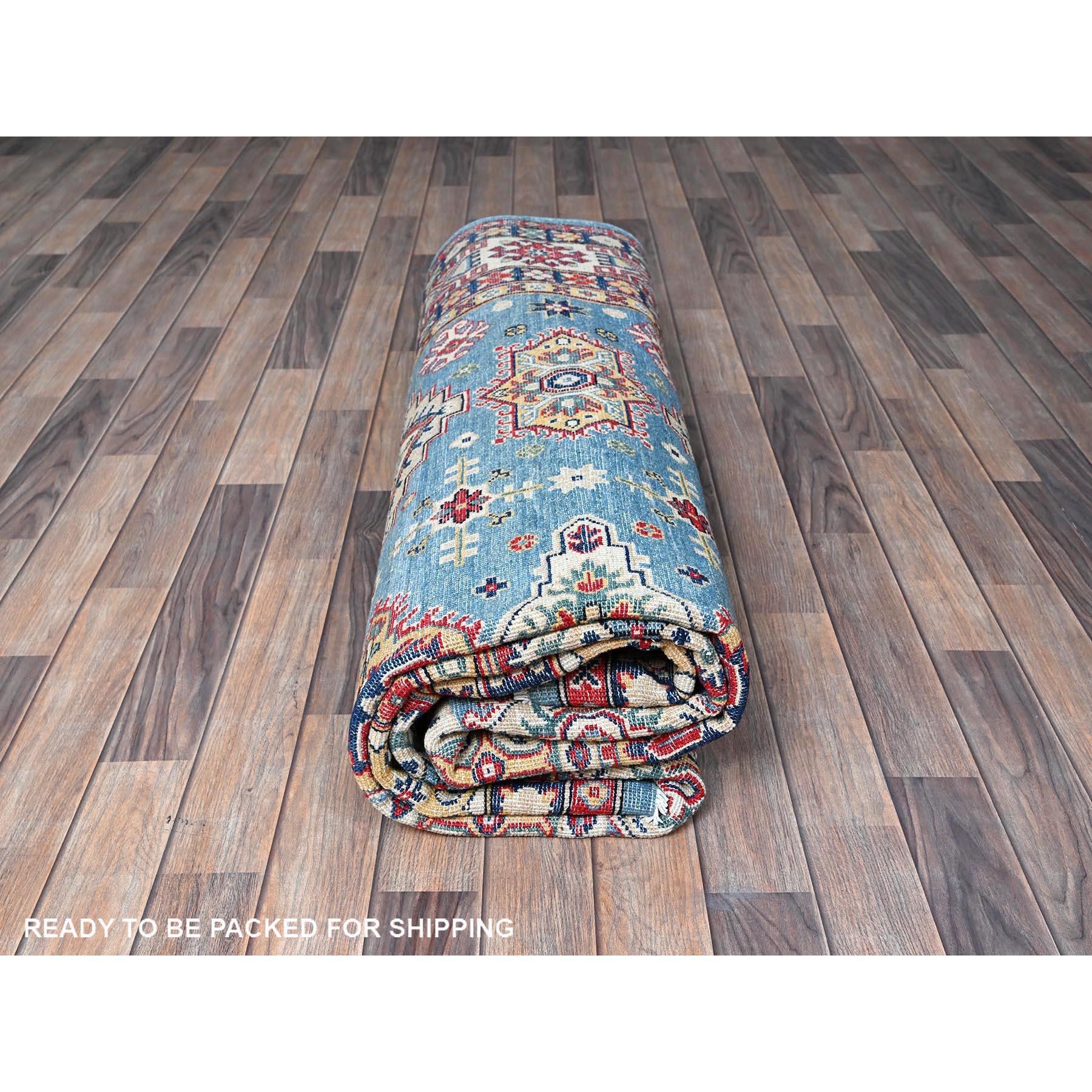 8'x10' Tapis en laine douce noué à la main, bleu Kazak avec motifs de médaillons tribaux 2