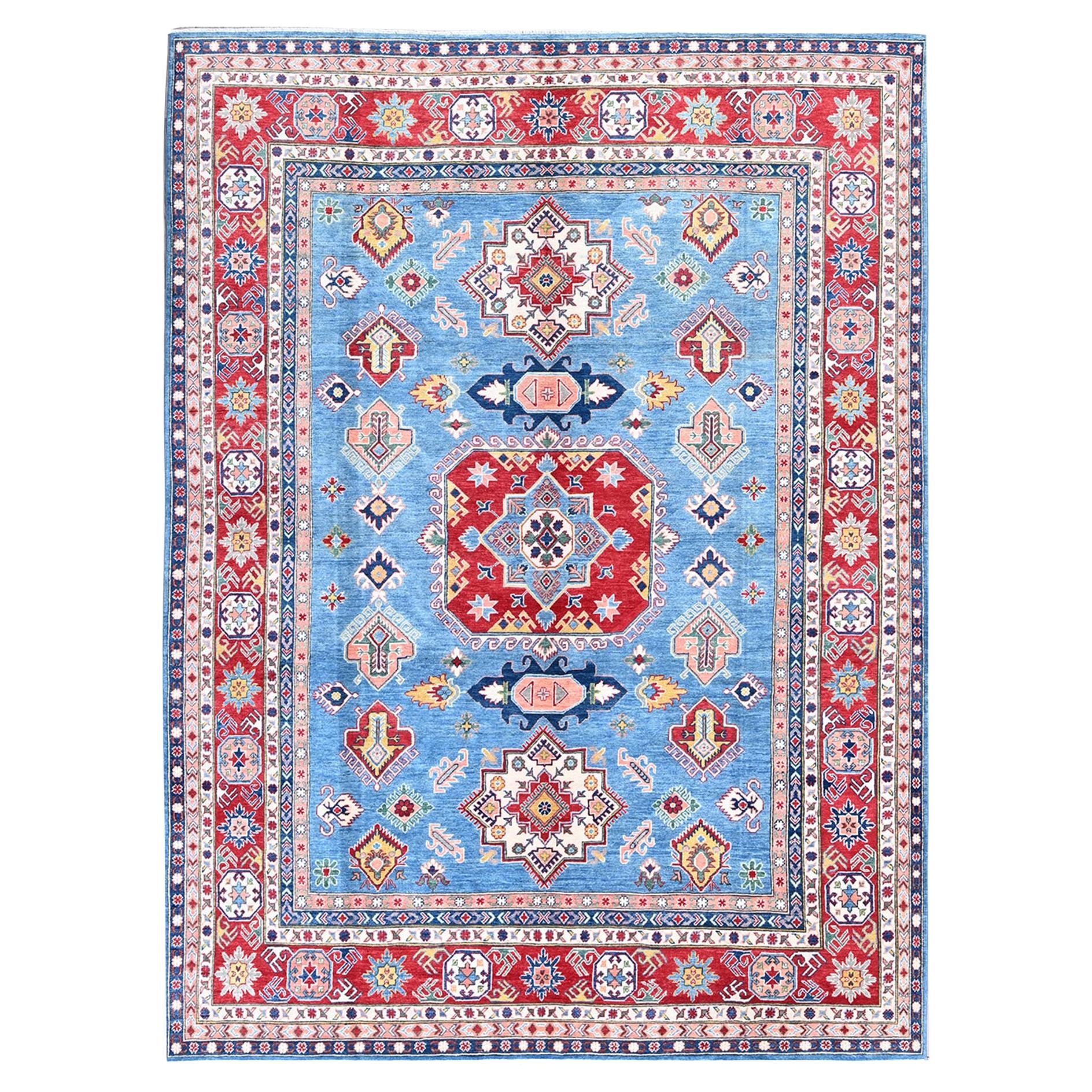 8'10 "x11'8" Tapis d'Orient bleu Kazak avec design géométrique noué à la main en laine douce en vente