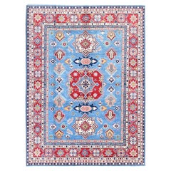 8'10 "x11'8" Tapis d'Orient bleu Kazak avec design géométrique noué à la main en laine douce