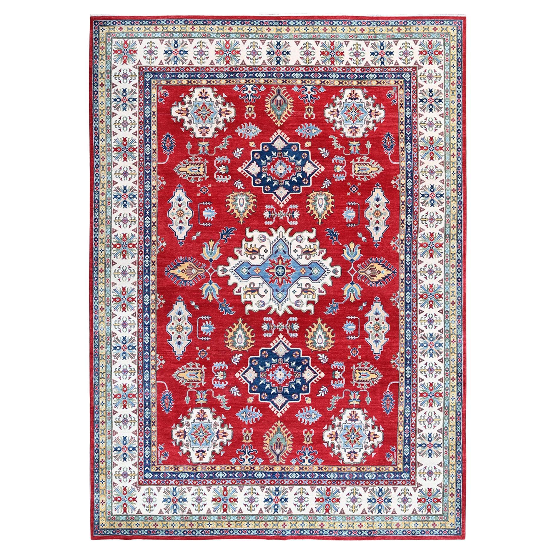 9'9 "x14' Tapis oriental en laine nouée à la main Kazak rouge avec motifs de médaillons tribaux