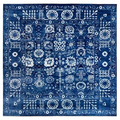 12'2"x12'2" Blue Tone On Tone Tabriz Wool & Silk Square Hand Knotted Oriental Ru