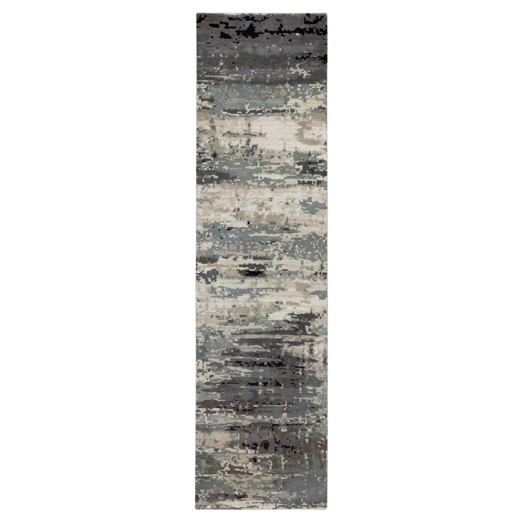 2'8 "x10'3" Taupe Abstract Design Wool & Silk Runner Hi-Low Pile Hand Knots Rugs