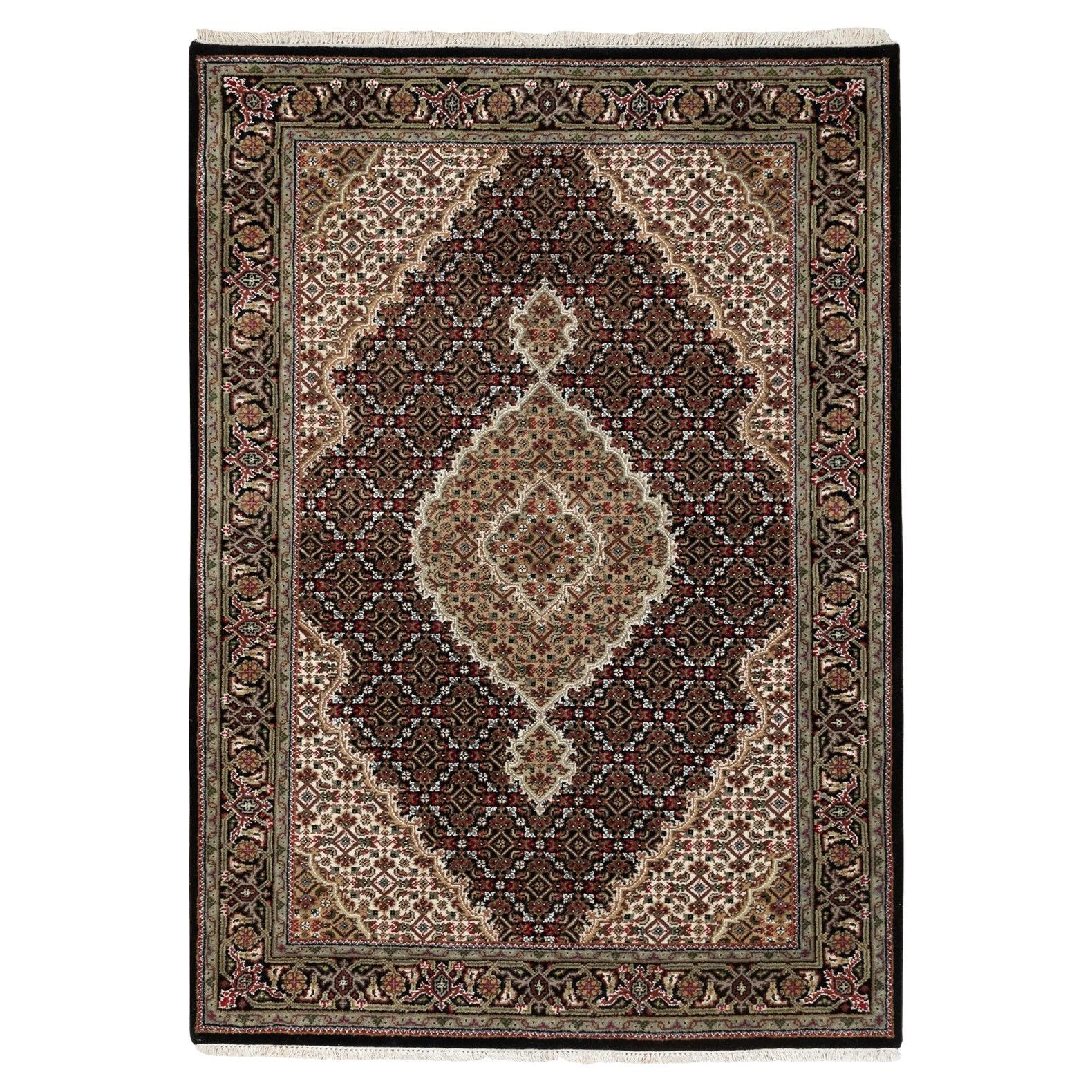 4'x6' Handgeknüpft Wolle Schwarz Fish Design Tabriz Mahi Orientteppich