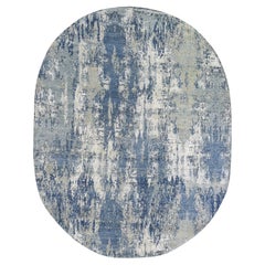8'1 "x10'1" Blu Design Astratto in Lana e Vera Seta Ovale Annodato a Mano Orientale Ru