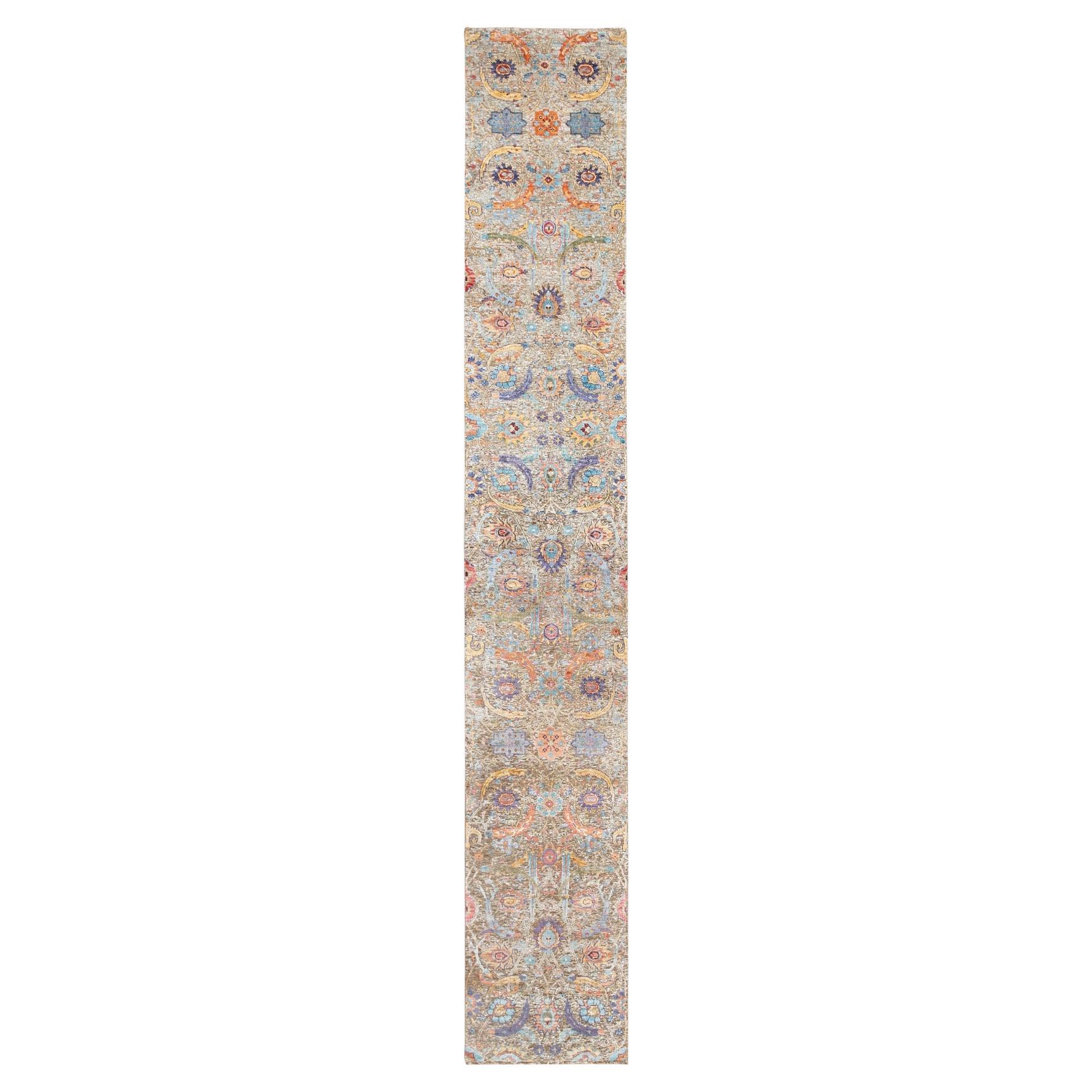 2'6 "x16'4" Hand geknotet Tan Seide mit strukturierter Wolle Sichel Blatt Design Läufer Ru