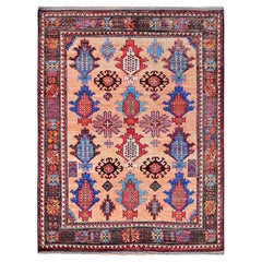 5'x6'7" Peach Afghan Ersari Caucasian Design Revival Hand Knotted All Wool Rug