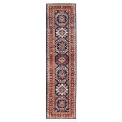 2'10"x11' Shiny Wool Hand Knotted Navy Blue Afghan Super Kazak Runner Rug