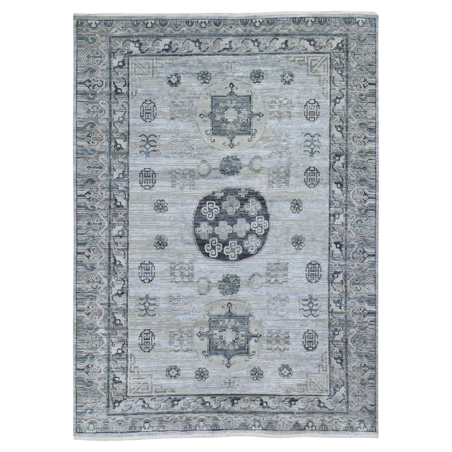 8'10 "x12'1" Tappeto orientale annodato a mano in pura seta e lana testurizzata con disegno Khotan