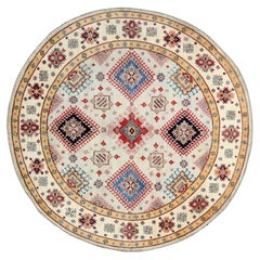 8'x8' Wool, Hand Knotted, Ivory, Afghan Special Kazak, Round Rug
