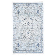 3'x5'2" Alfombra anudada a mano de pura seda azul con lana texturizada Oushak desgastada