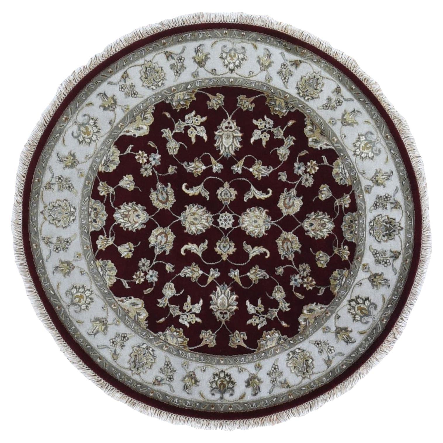 Tappeto orientale rotondo 5'x5' rosso metà lana e metà seta Rajasthan annodato a mano in vendita