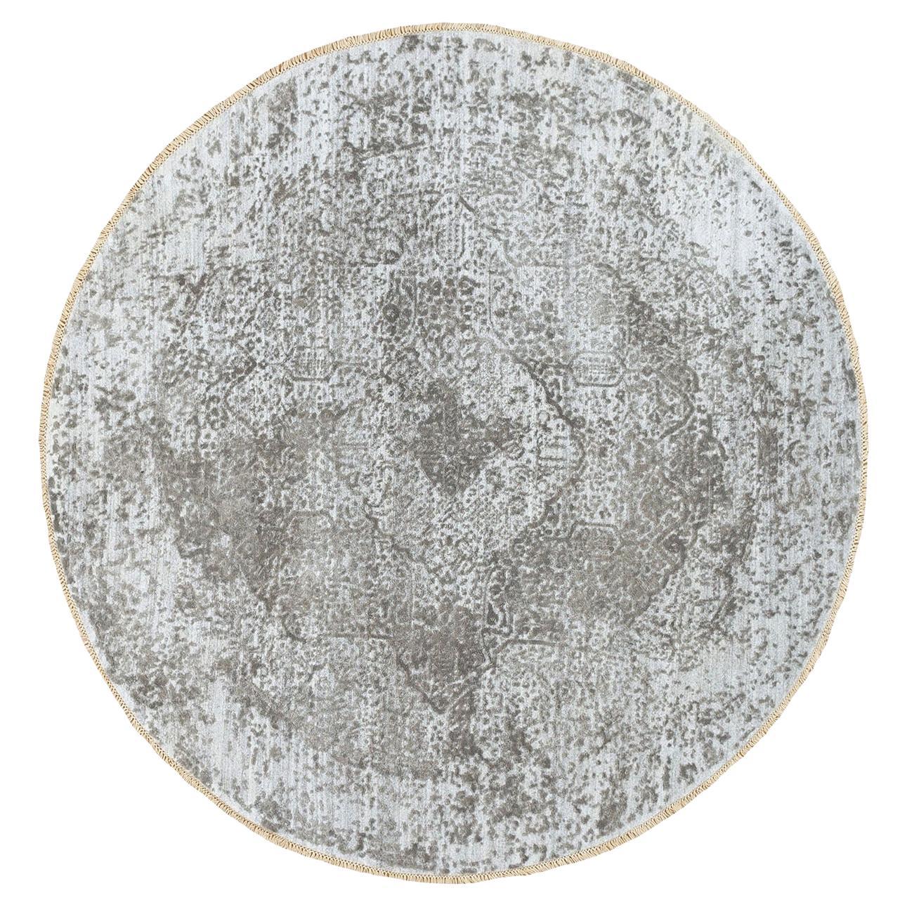 6'x6' Round Grey Broken Persian Design Wool And Pure Silk Hand Knotted Rug