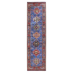 2'8 "x9'7" Blau Afghanisch Kaukasisch Design Revival Hand geknüpft weiche Wolle Läufer Teppich
