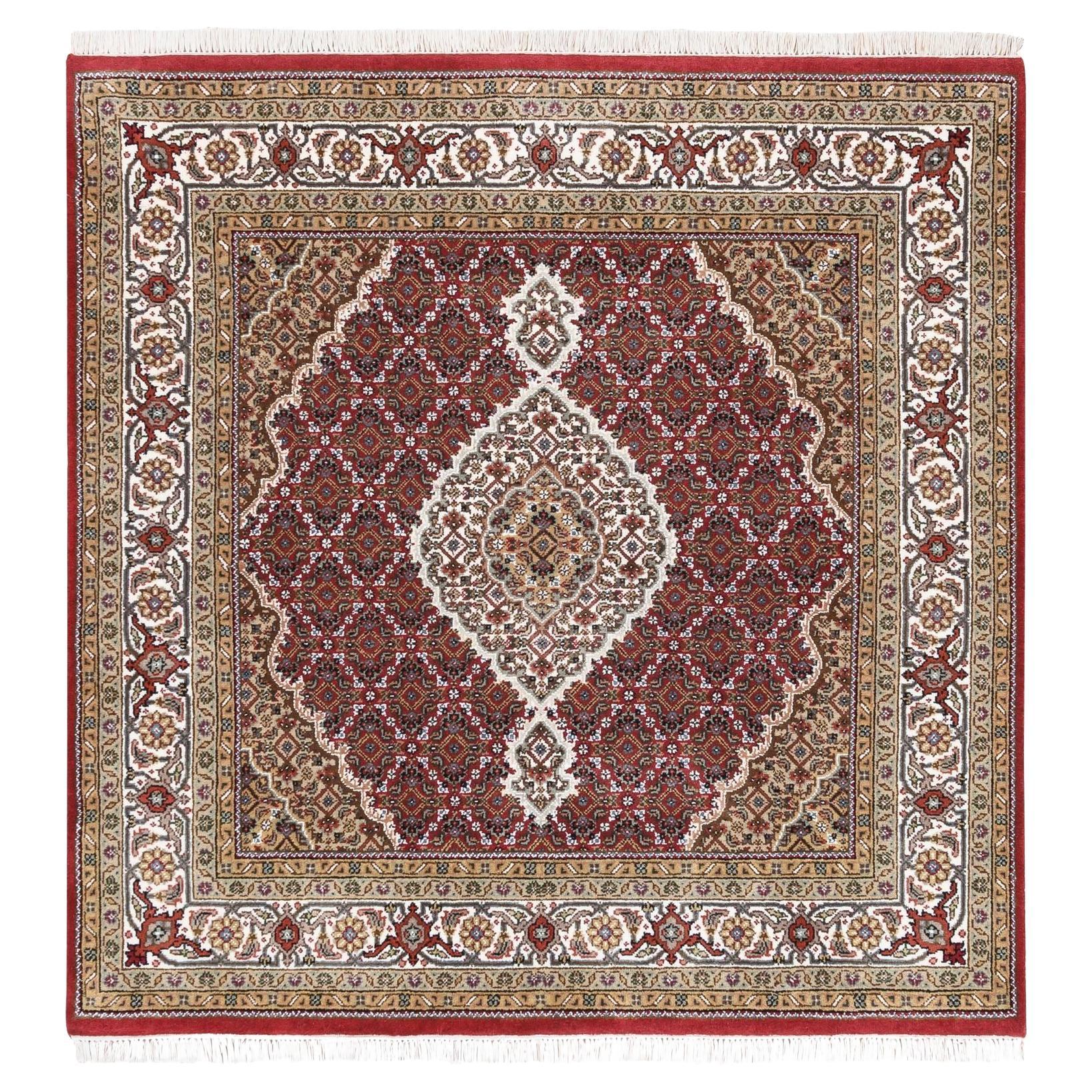 5'x5' Handgeknüpft Rot Tabriz Mahi Fish Medaillon Design Wolle Quadratisch Teppich