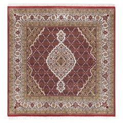 5'x5' Handgeknüpft Rot Tabriz Mahi Fish Medaillon Design Wolle Quadratisch Teppich