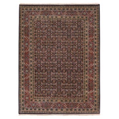 5'1"x7'1" Jet Black All Over Herat Design Hand Knotted Hand Spun Wool Rug