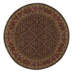 5'9"x5'9" Jet Black Round All Over Herat Fish Design Hand Knotted Wool Rug