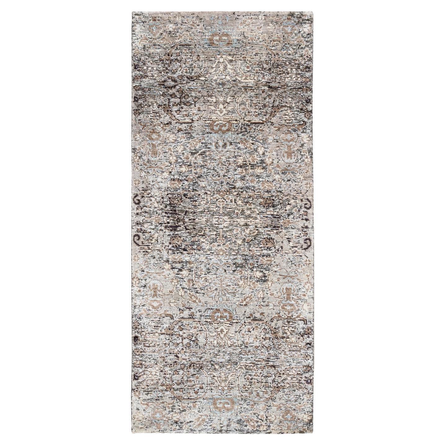 2'6 "x6' Gris, moderne, soie et laine texturée, noué à la main, tapis de course