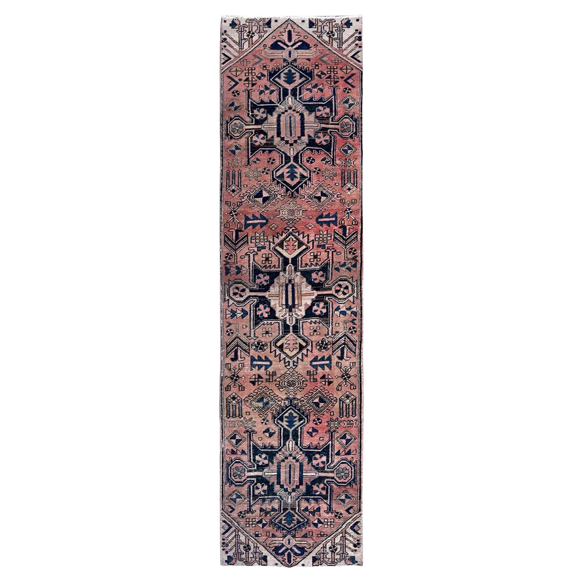 Tappeto Runner Rosa Salmone Vintage Persiano Hamadan Annodato a Mano in Pura Lana 2'6 "x10'