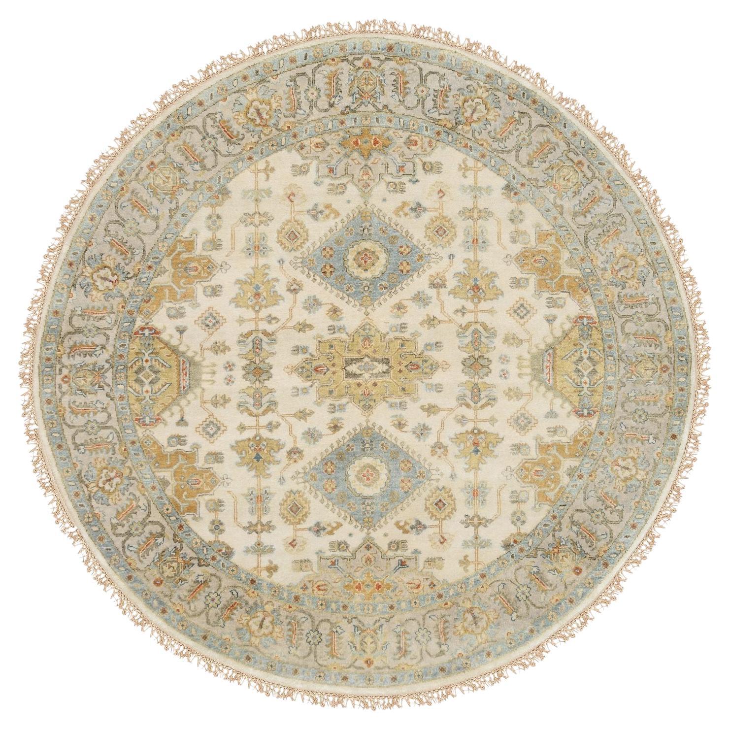 6'1 "x6'1" Handgeknüpft Elfenbein mit weichen Farben Karajeh Design Runder Teppich aus reiner Wolle im Angebot