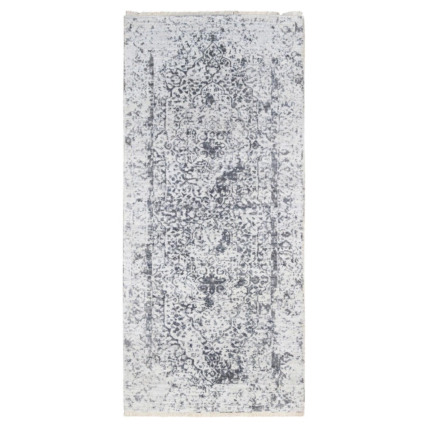 2'6 "x6' Handgeknüpfter grauer gelöschter persischer Entwurf Wolle und reine Seide Läufer Teppich