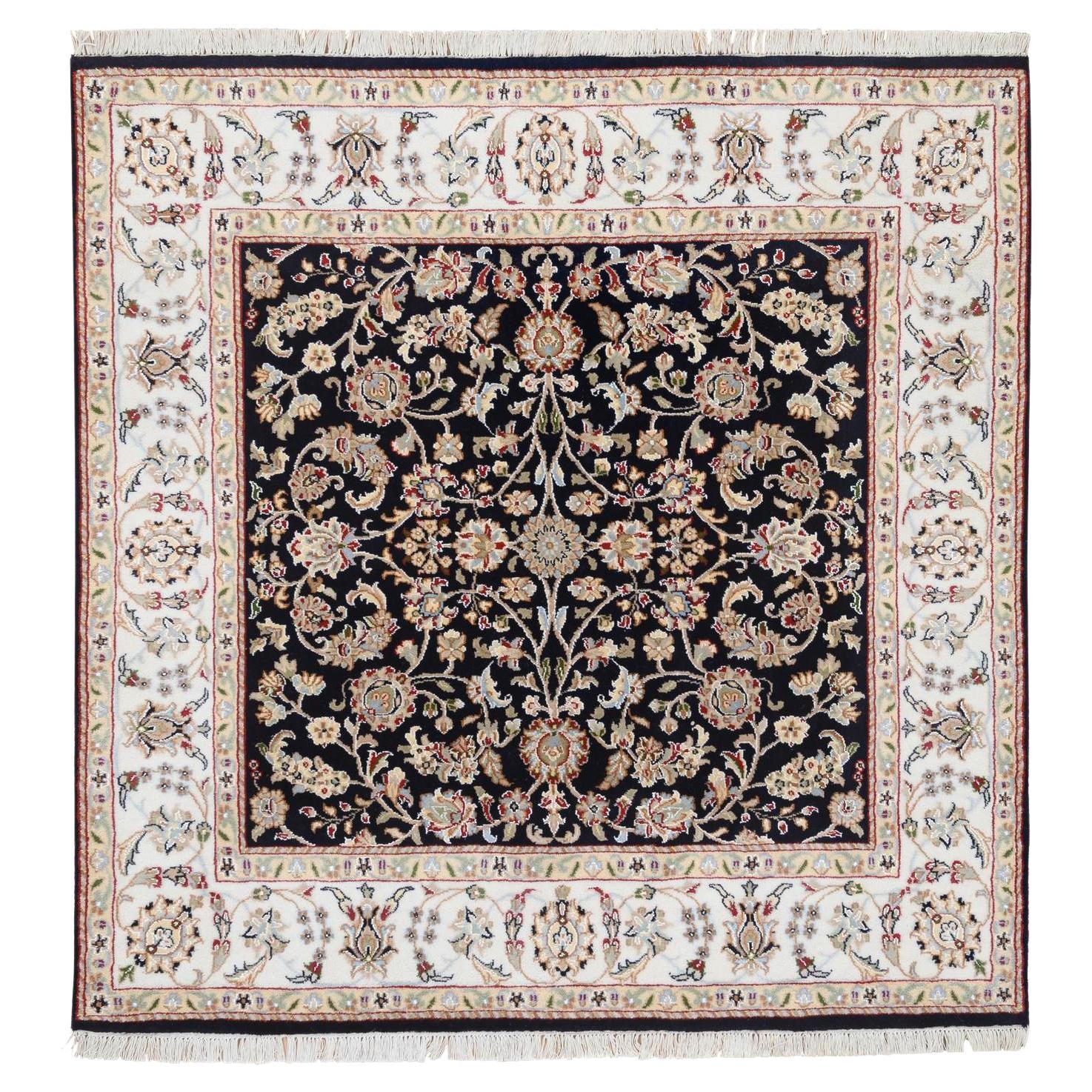5'x5' Bleu nuit Nain 250 KPSI Tapis oriental carré en pure laine noué à la main