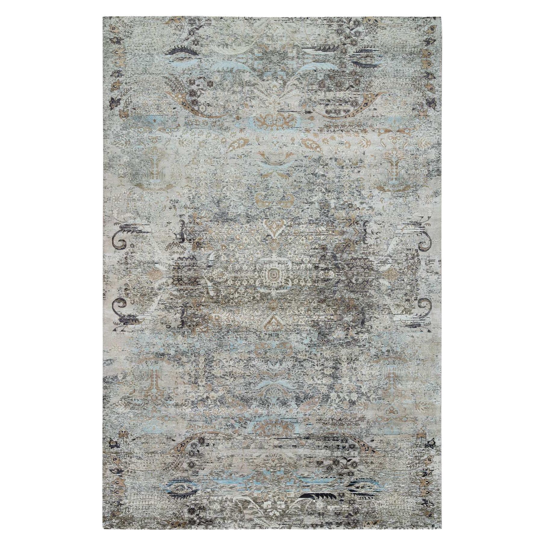 11'9 "x18'1" Gray Erased Textured Silk/Wool Hand Knoted Oversized Oriental Rugs