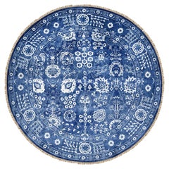 10'2"x10'2" Denim Blue, Tabriz, Wool and Silk Hand Knotted Round Rug