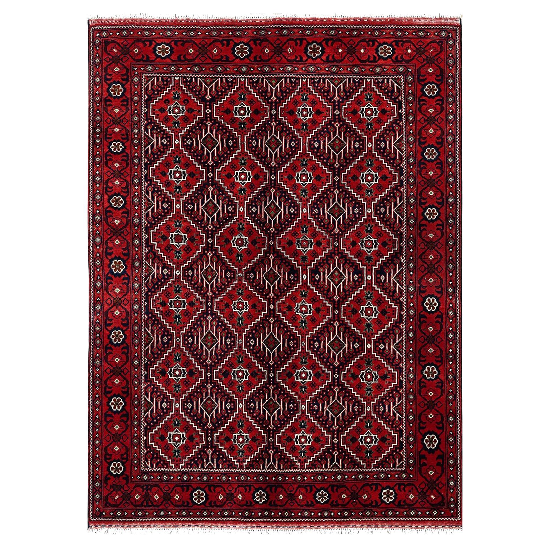5'x6'7" Rot Afghan Khamyab Geometrisches Muster Reine Wolle Handgeknüpft Teppich im Angebot